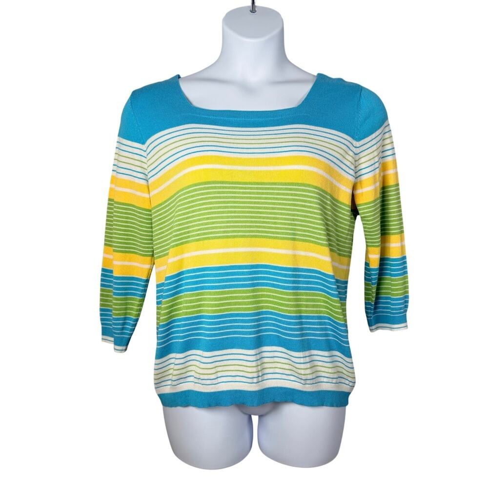 Joseph A Sweater Top L Turquoise Striped Square Neck 3/4 Sleeve Bright Preppy